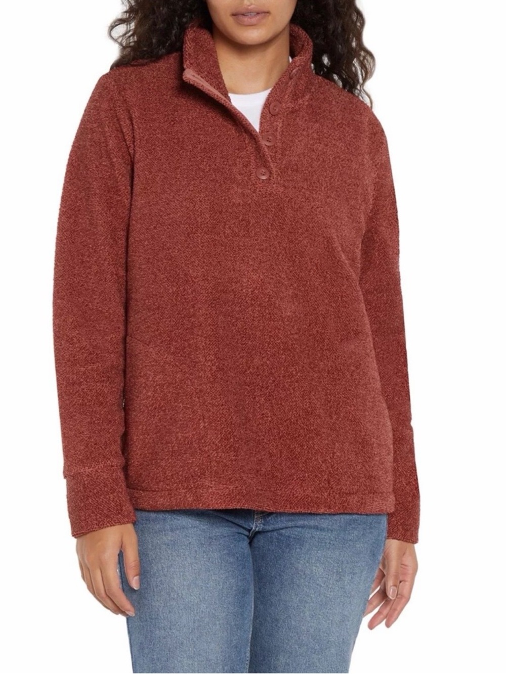 Eddie Bauer Pullover Sweatshirt Sweater Rust Red Sherpa Fleece Button-Up Women L
